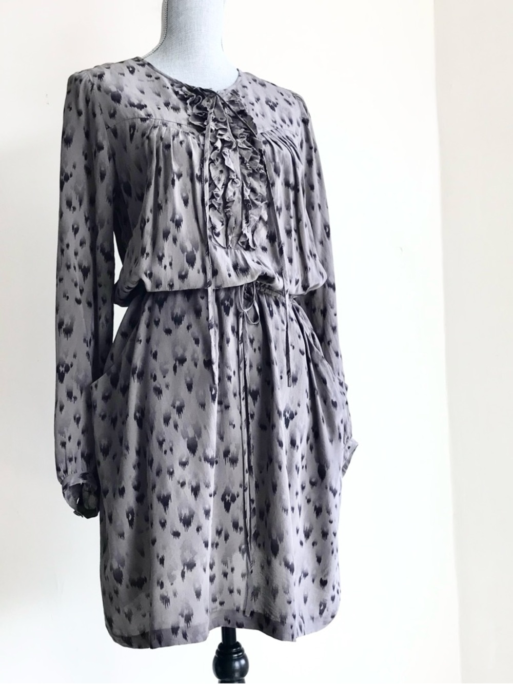 Rebecca Taylor Gray Printed Long-Sleeve Ruffle Dress